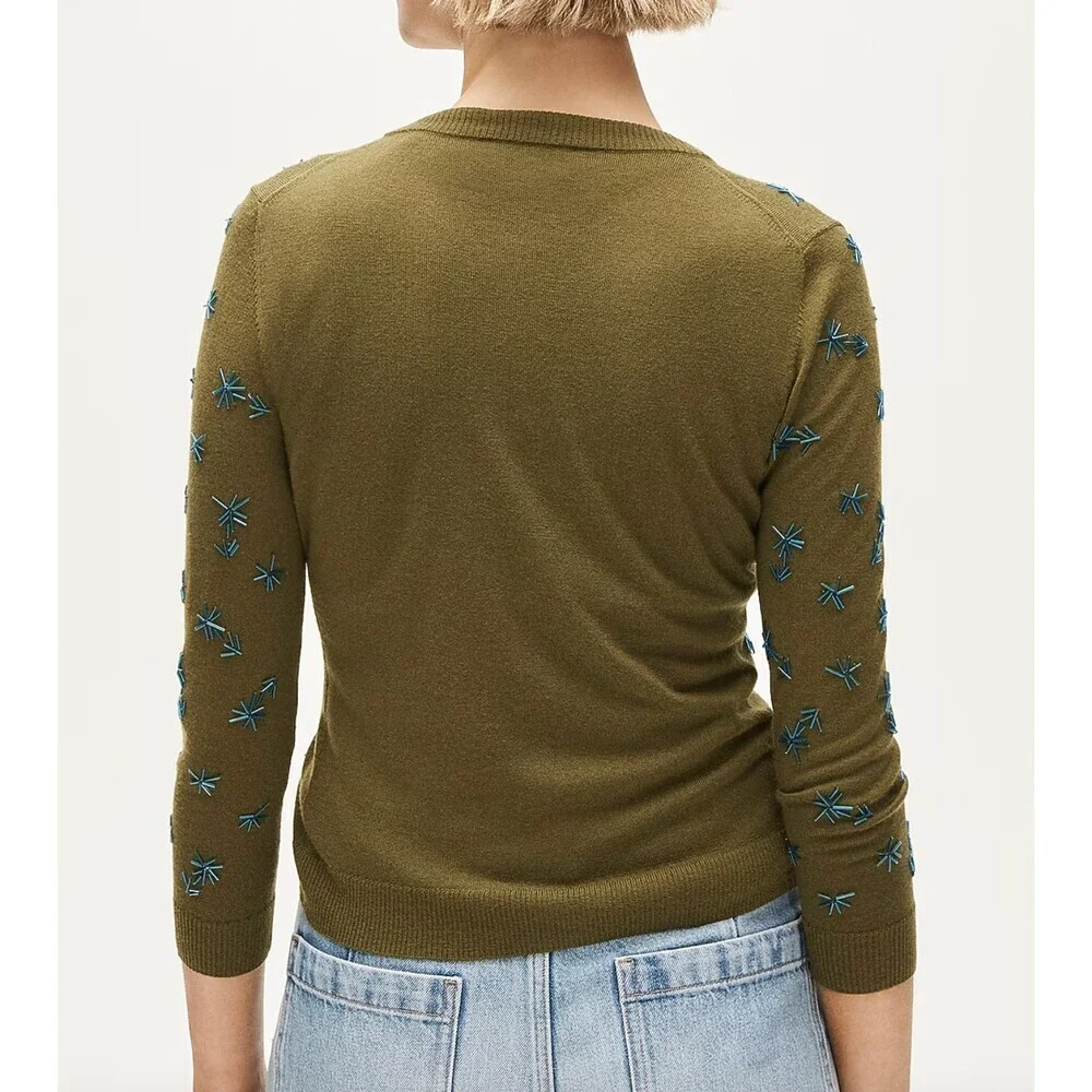 J Crew Collection NWT Crewneck Cardigan in Merino Wool Olive Embellished Small